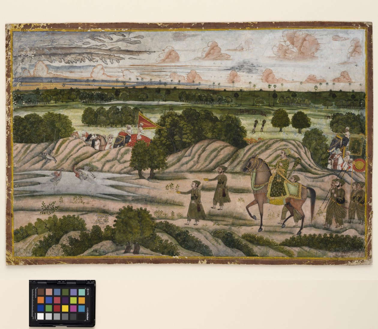 En Nawab og hans holdere på jagtekspedition, ca. 1780 (ugennemsigtig akvarel og guld på papir) af Indian School
