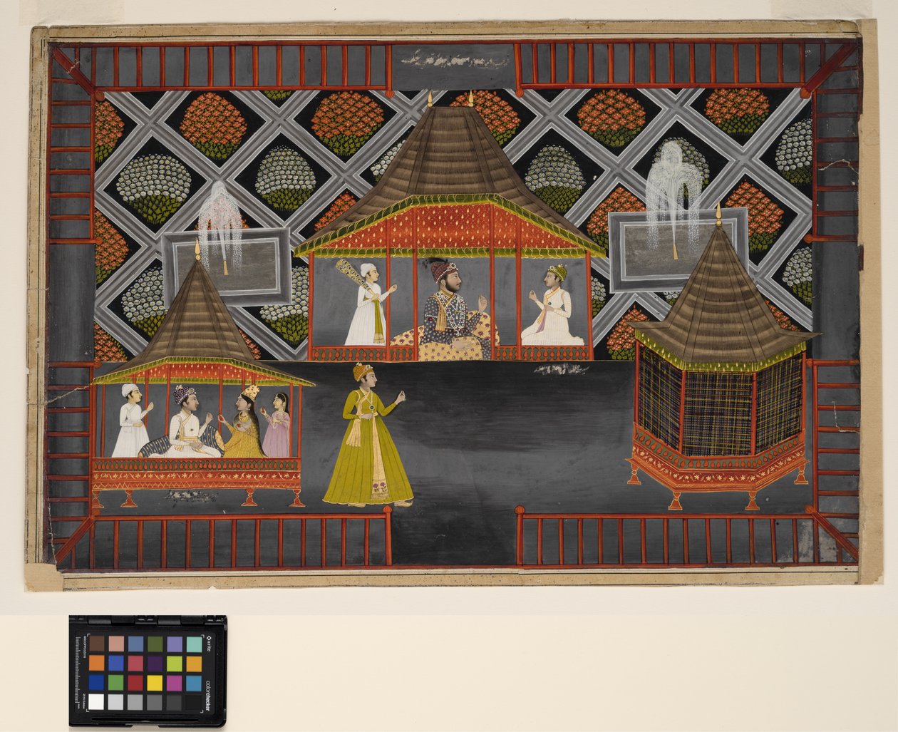 En Nawab og hans sønner i en havepavillon, ca. 1770 (ugennemsigtig m/c, sølv og guld på papir) af Indian School