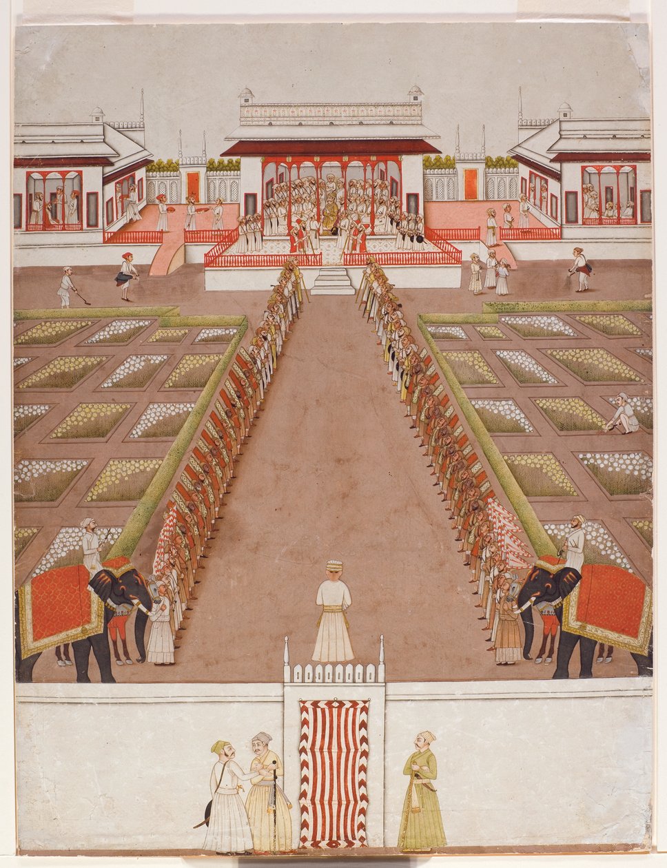 En Nawab-holdeplads i en pavillon, hinsides en allé af holdere og to elefanter, ca. 1765 (ugennemsigtigt wc & guld på papir) af Indian School
