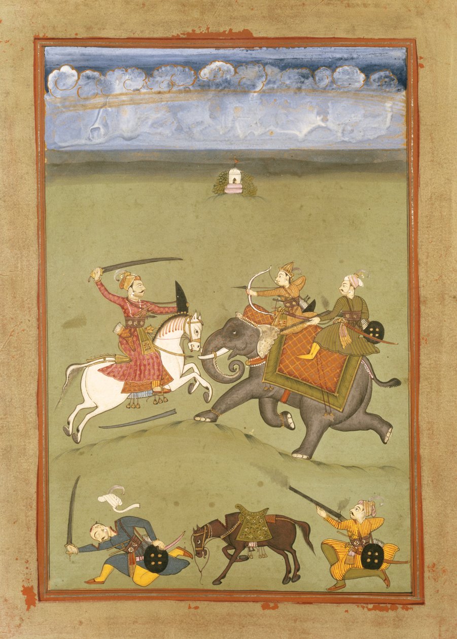 En prins, der bekæmper sine fjender på en elefant, ca. 1710 af Indian School