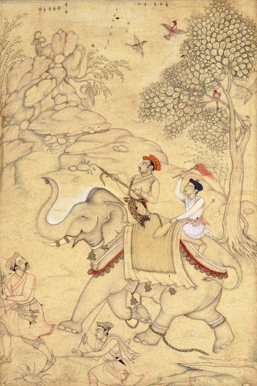 En prins på jagt, monteret på en elefant, ca. 1600-1650 af Indian School