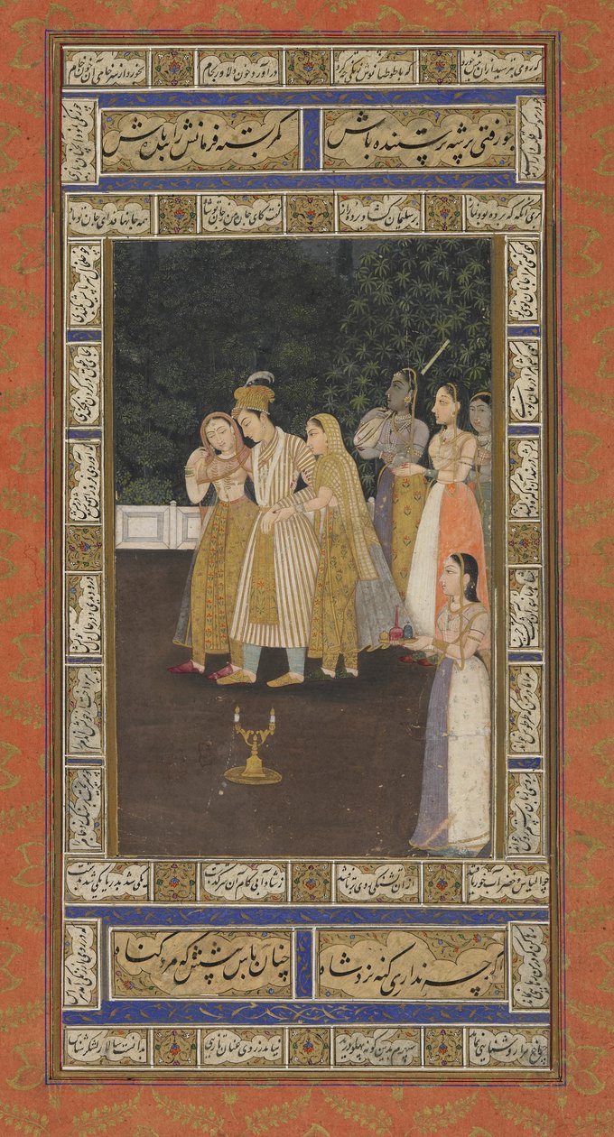 A Prince with Harem Attendants, Albumfolio med maleri, begyndelsen af 1700-tallet (ugennemsigtig akvarel, blæk og guld på papir) af Indian School