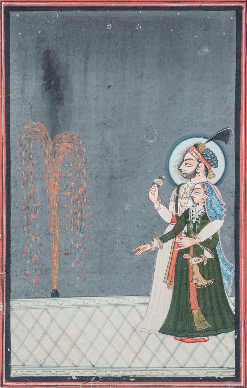 En Raja og Rani ser fyrværkeri, ca. 1815 af Indian School