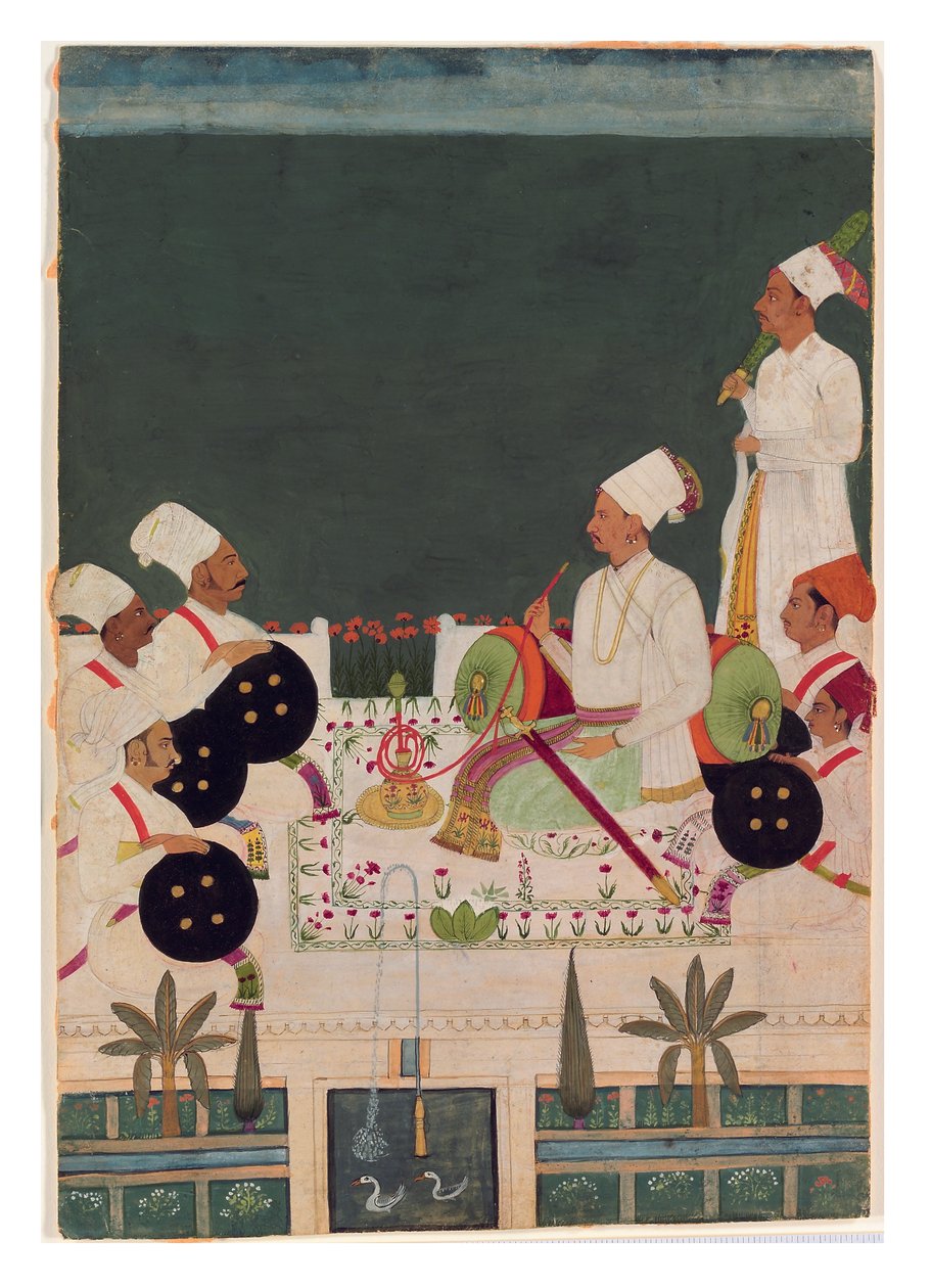 A Rathore Chief with His Kinsmen, ca. 1700 (ugennemsigtigt wc & guld på papir) af Indian School