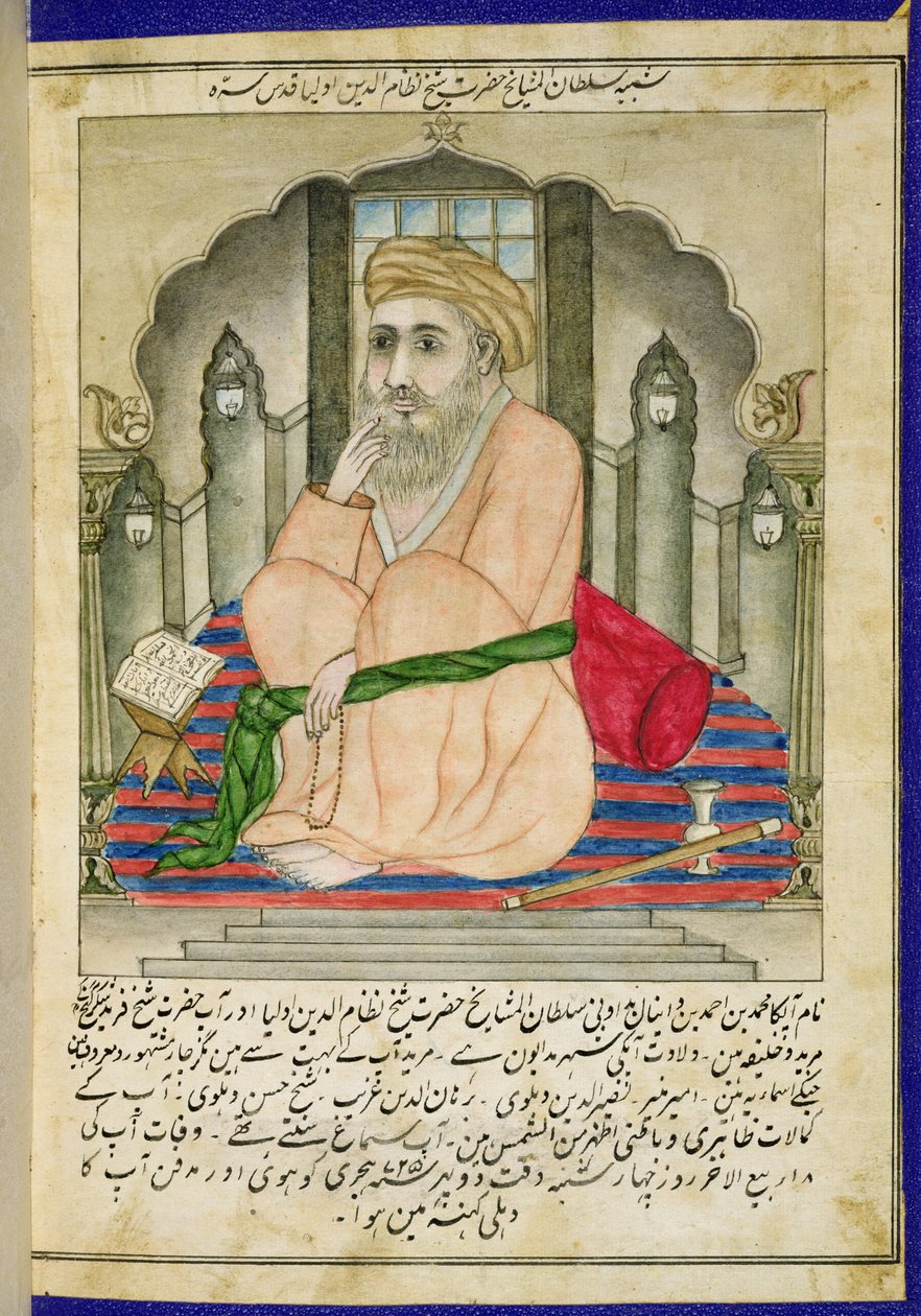 En sufi-vismand siddende i en niche, fra et album med miniaturer i persisk stil med deccan-tekst af Indian School