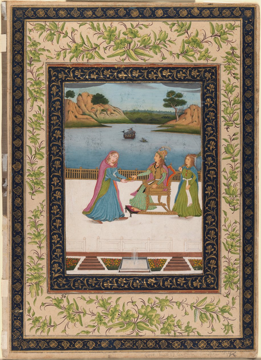 A Woman is Served Fruit on a Terrace, ca. 1770 (ugennemsigtigt wc, guld og sølv på papir) af Indian School