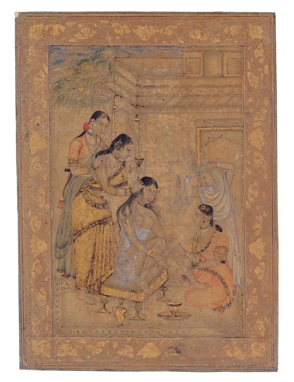 A Young Womans Toilette, 1675-1700 (ugennemsigtigt wc & guld på papir) af Indian School