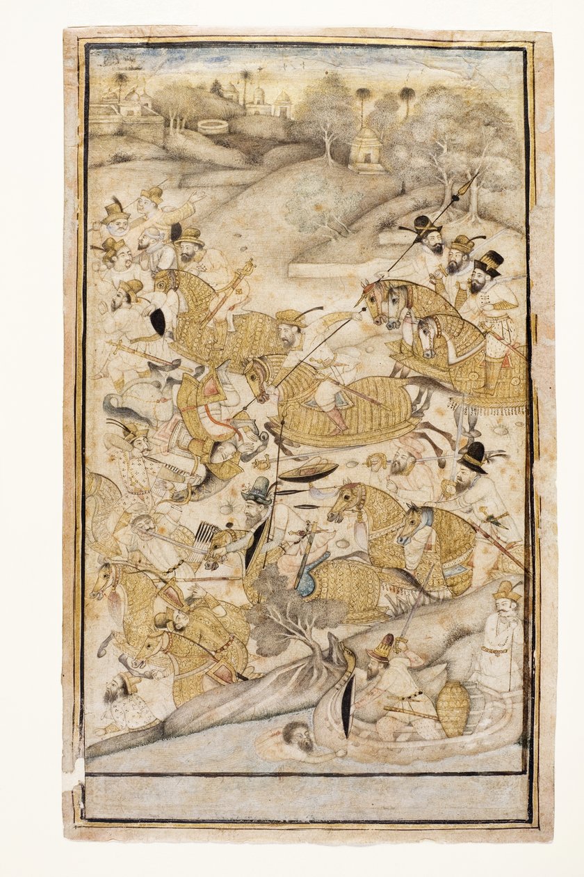 Et slag udkæmpet af europæere, ca. 1700 (ugennemsigtigt wc & guld på papir) af Indian School