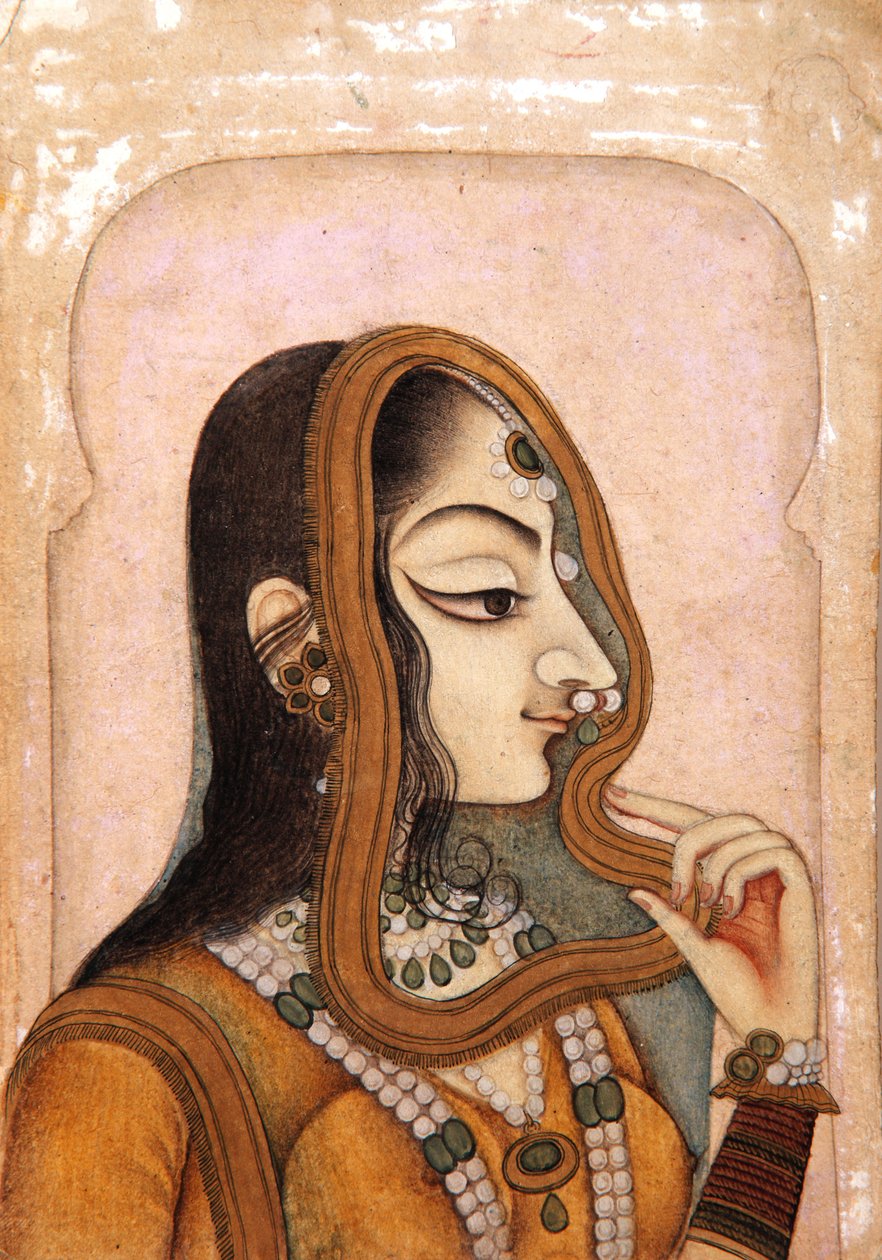 En smuk kvinde, indrammet af en bue, ca. 1800 (ugennemsigtigt wc & guld på papir) af Indian School