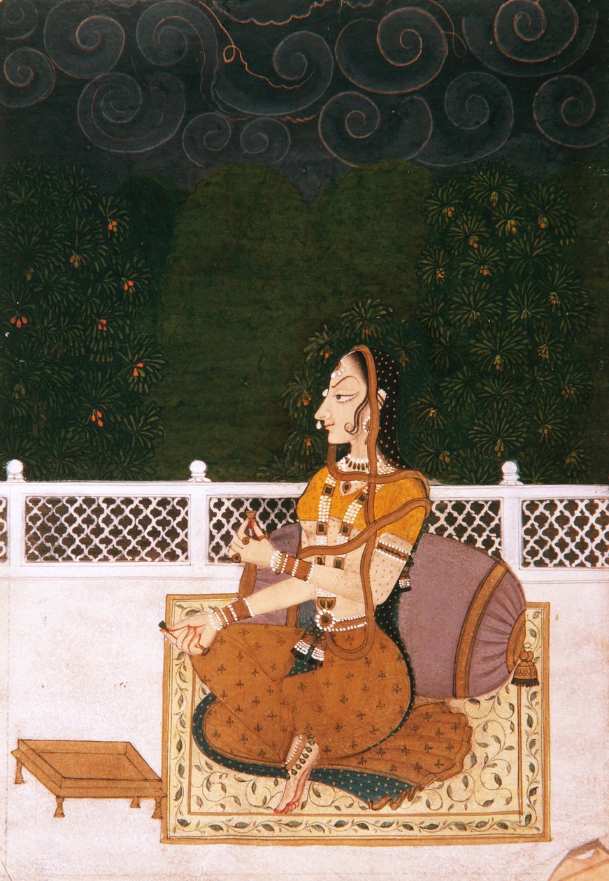 En smuk kvinde siddende mod et bolster, ca. 1775 (ugennemsigtigt wc & guld på papir) af Indian School