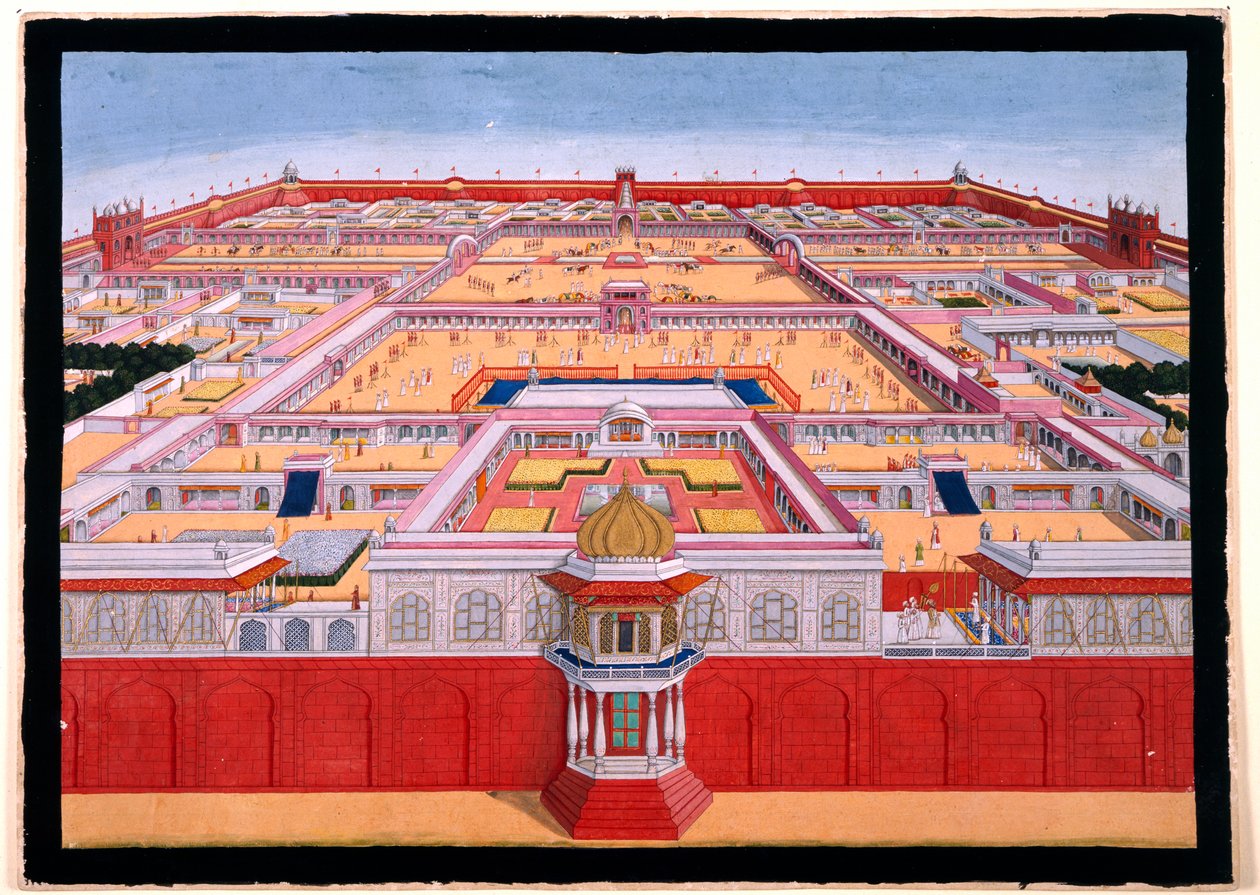 Et fugleperspektiv af Det Røde Fort i Delhi fra øst, der viser en kejser, sandsynligvis Shah Alam (1759-1806), der går ind i Diwan-i-Khas til højre, ca. 1780-90 (uigennemsigtig akvarel)) af Indian School