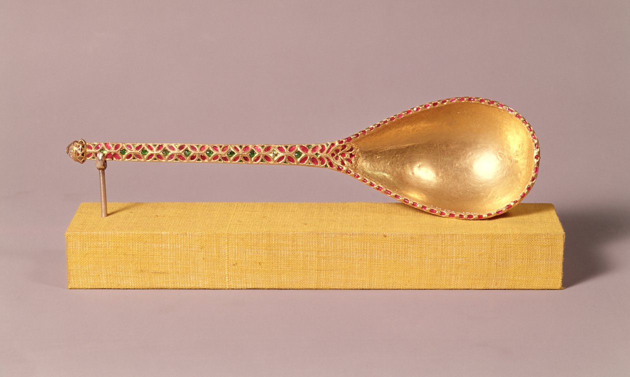 En ceremoniel ske med juveler af rubiner, smaragder og en diamant, Mughal (guld og ædelsten) af Indian School