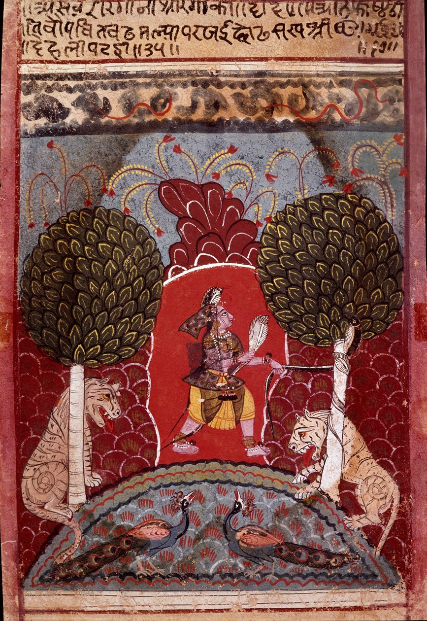 En kobraslange fanges i en skov befolket med dyr Miniature af skolen i Malwa (indisk) omkring 1680 Privat samling af Indian School