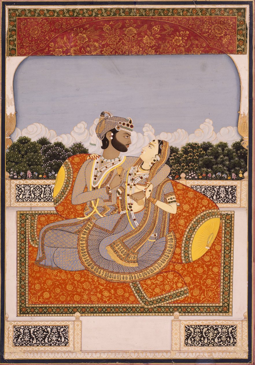 Et par omfavner på en terrasse, ca. 1835 (ugennemsigtigt toilet, lak, guld og glas på papir) af Indian School