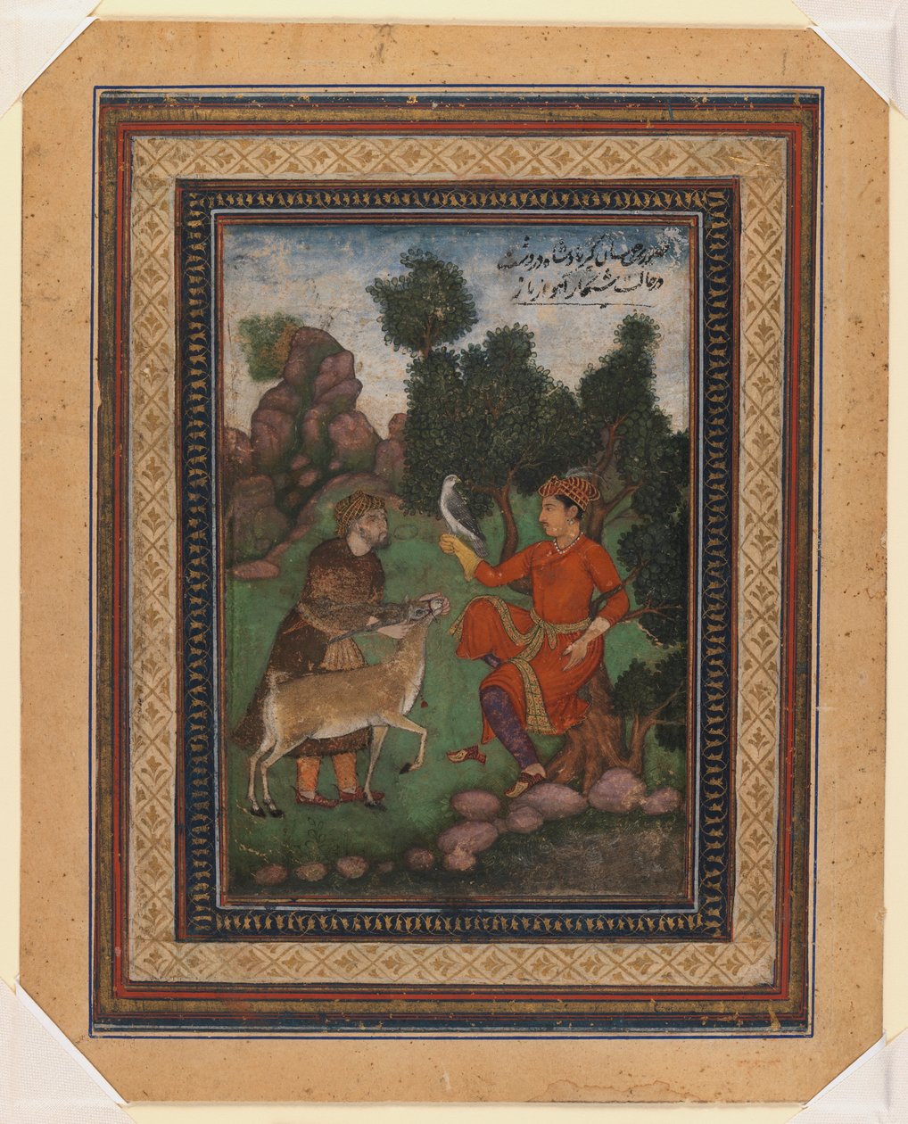 En falkoner og en jagtmand, ca. 1600 (wc på papir) af Indian School