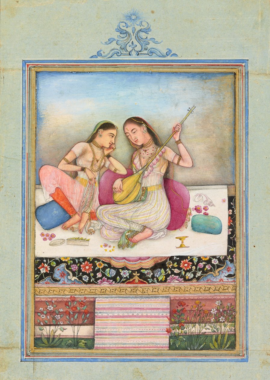 En pige, der spiller tambur, mens hendes ledsager lytter, ca. 1660 af Indian School