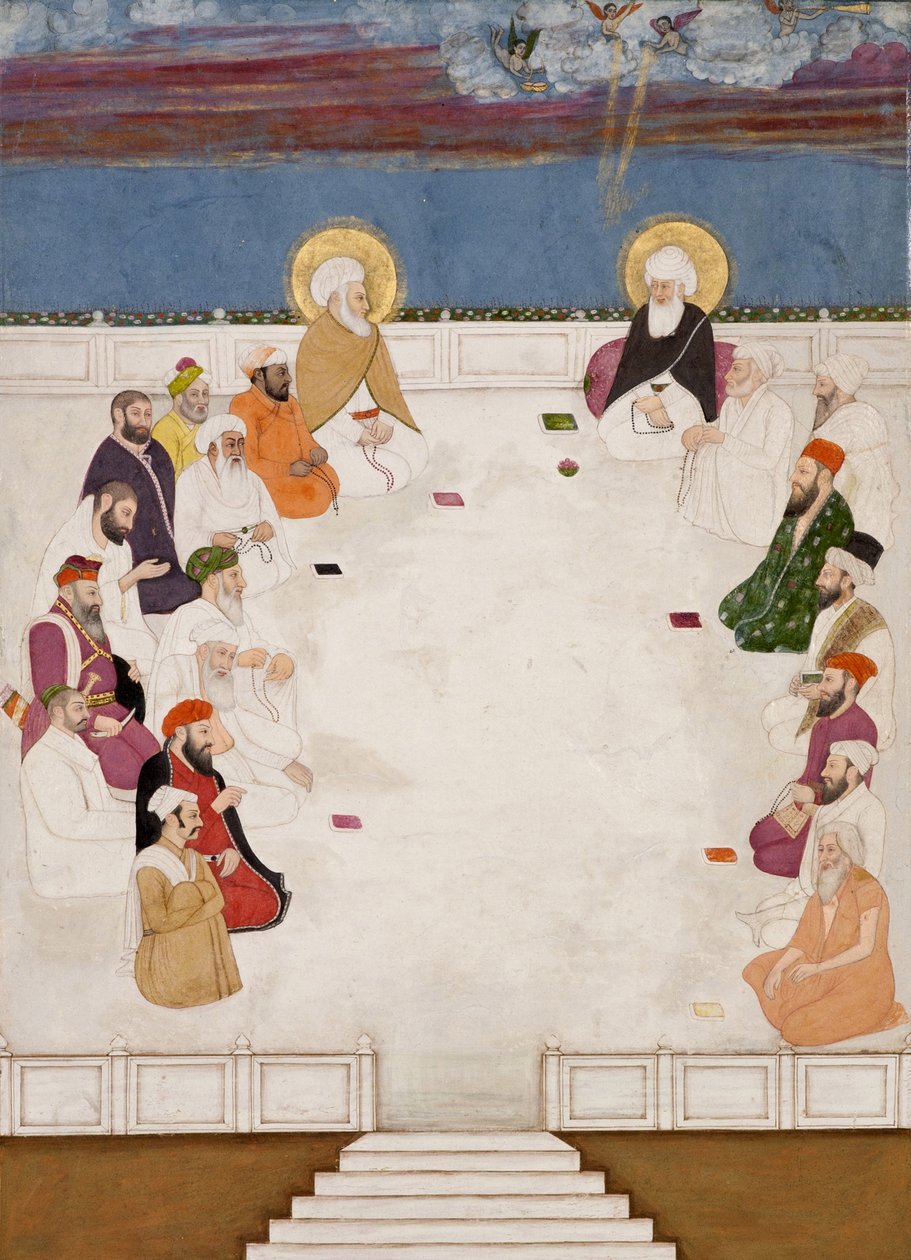 En gruppe indiske helgener og hellige mænd, inklusive Mullah Shah og Aurangzeb, siddende, ca. 1725 (ugennemsigtigt wc & guld på papir) af Indian School
