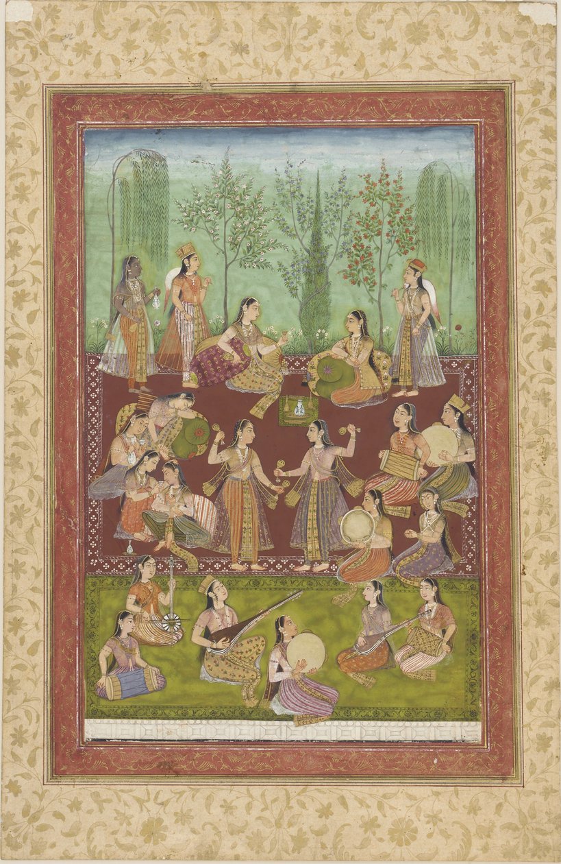 En gruppe kvinder i en have, der underholder sig selv med musik og dans (farve & guld på papir) af Indian School
