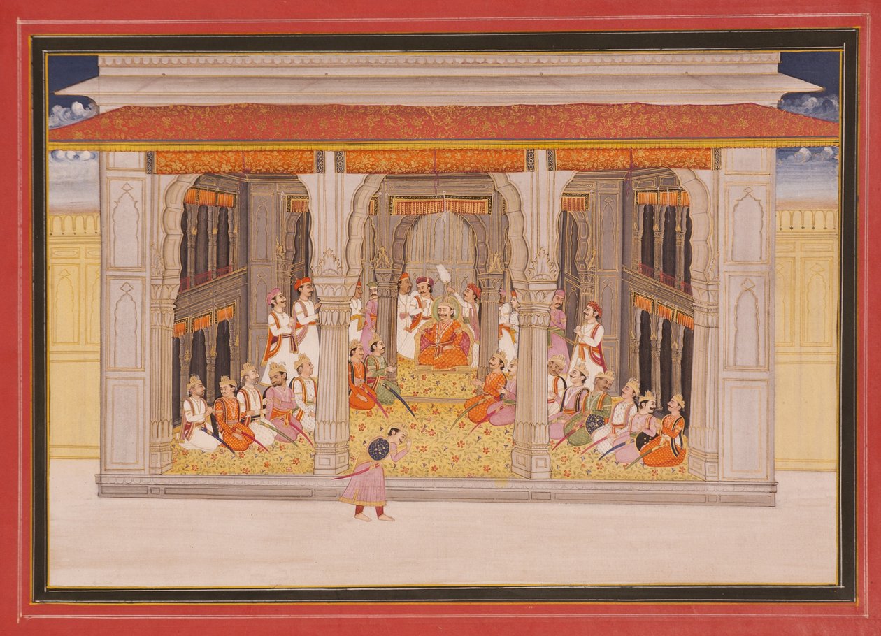 En konge i durbar i en pavillon, 1760 (ugennemsigtigt wc & guld på papir) af Indian School