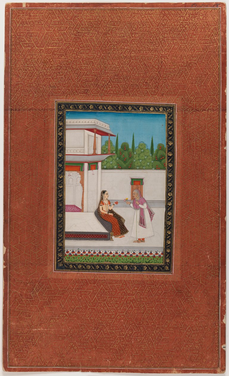 En dame og hendes ældre tjener, 1875-1900 (ugennemsigtigt wc & guld på papir) af Indian School