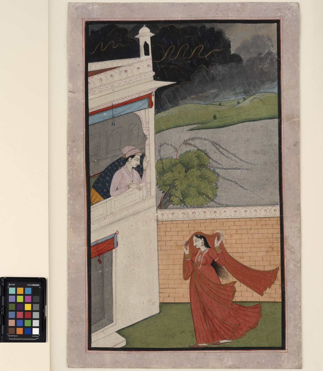 En dame kommer til sin elskers hus i et regnvejr, ca. 1830 (ugennemsigtig w/c og guld på papir) af Indian School