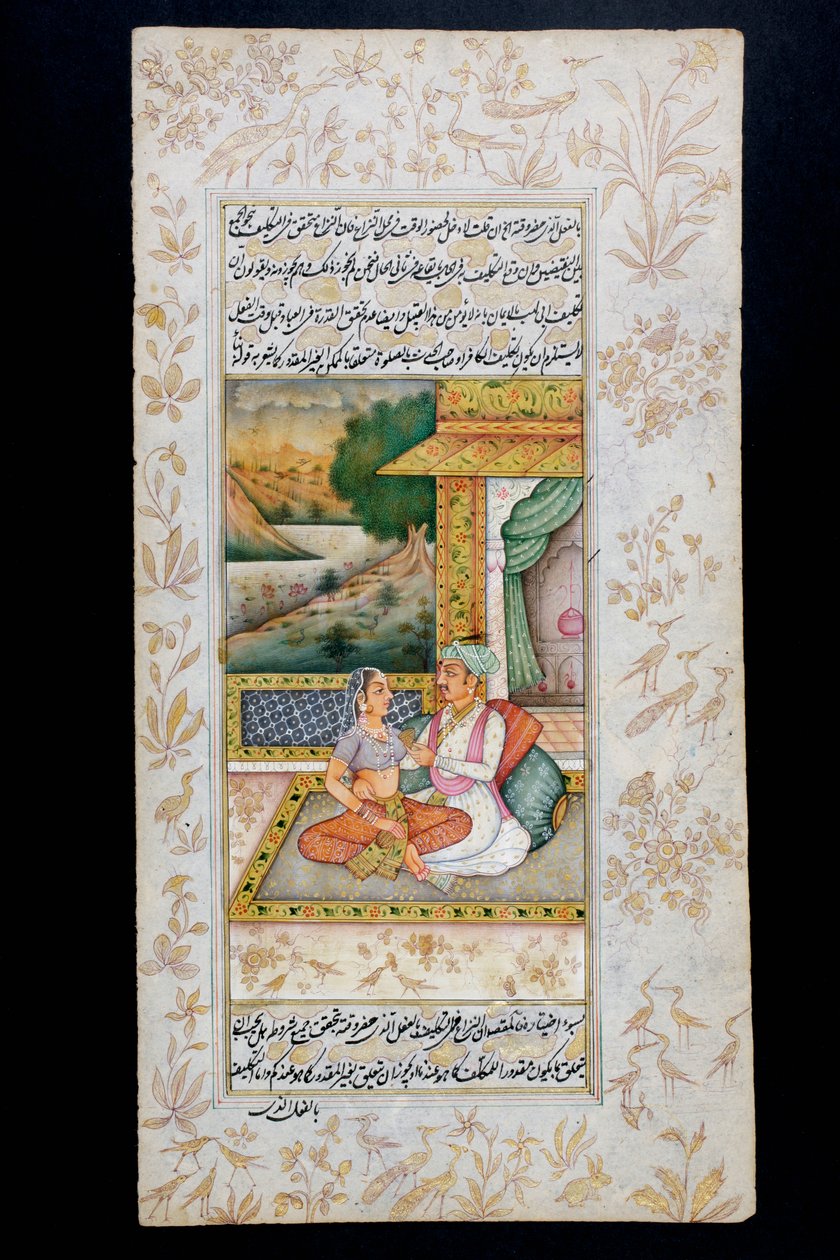 En mand bejler til en kvinde i en boudoir-scene, Rajasthani-miniaturemaleri af Indian School