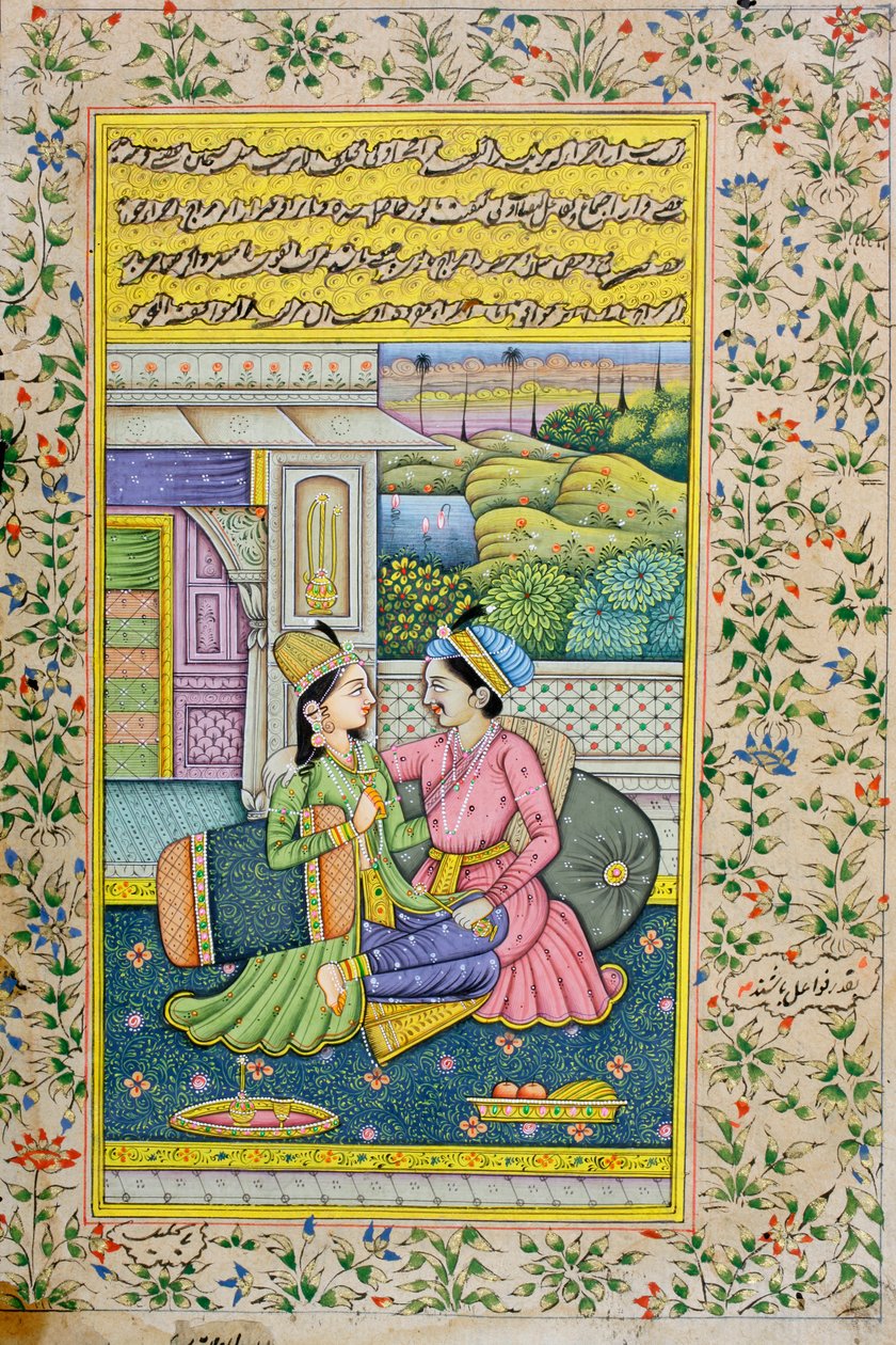 En mand bejler til en kvinde i luksuriøse omgivelser, Rajasthani-miniaturemaleri af Indian School