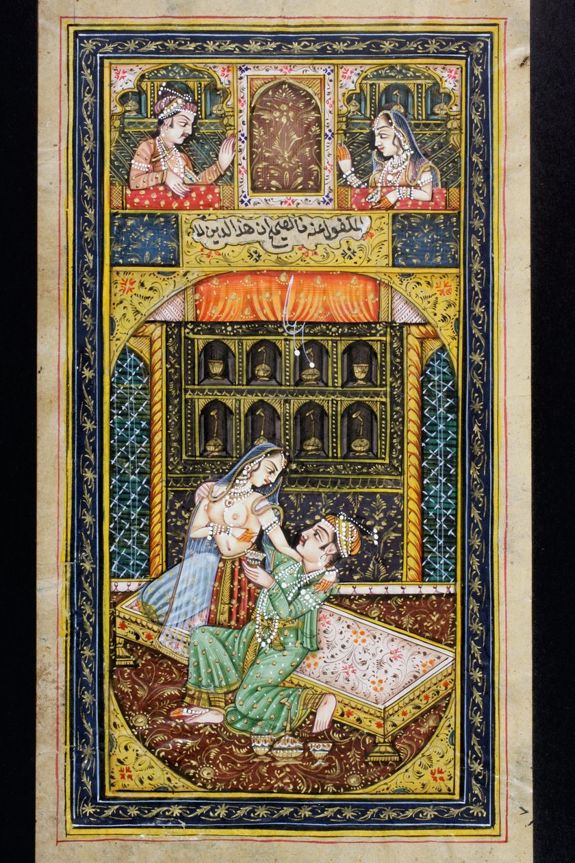 En mand bejler til en kvinde i luksuriøse omgivelser, Rajasthani-miniaturemaleri af Indian School