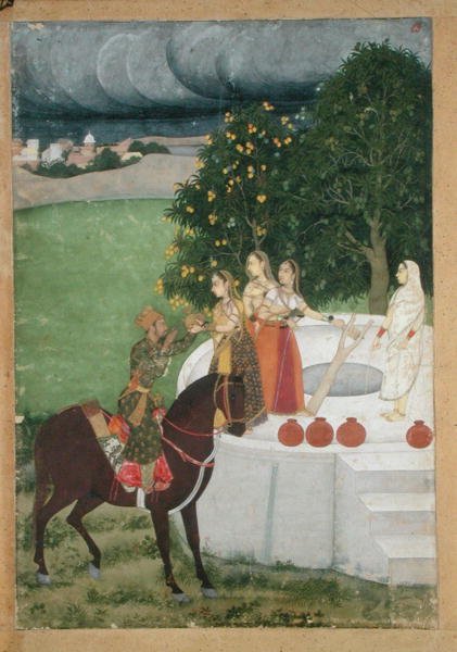 En ridende prins, der modtager vand fra damer ved en brønd, miniature fra Murshidabad, ca. 1760 (gouache på papir) af Indian School