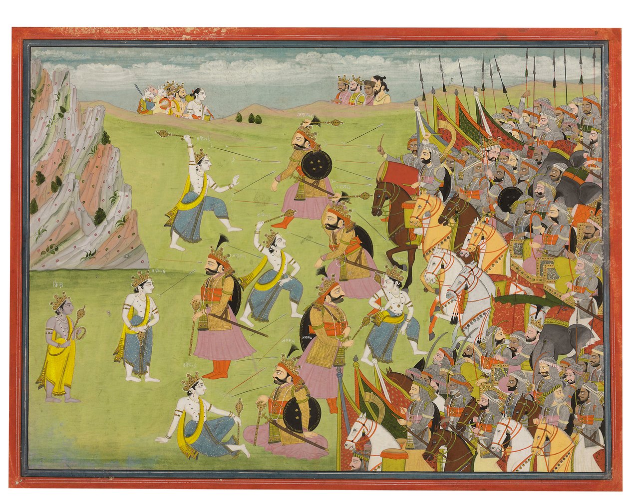 Et maleri fra Mahabharata: Balabhadra i kamp mod Jarasandha, Kangra og Garhwal, ca. 1810-20 af Indian School