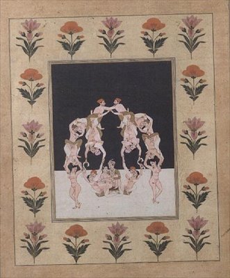 Et par elskende siddende på en gynge sammensat af andre sammenflettede elskere, ca. 1830 (gouache på papir) af Indian School