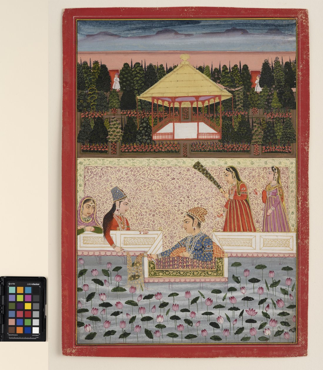 En prins og prinsesse leger med stjernekastere ved en lotusbassin, ca. 1760 (ugennemsigtig akvarel og guld på papir) af Indian School