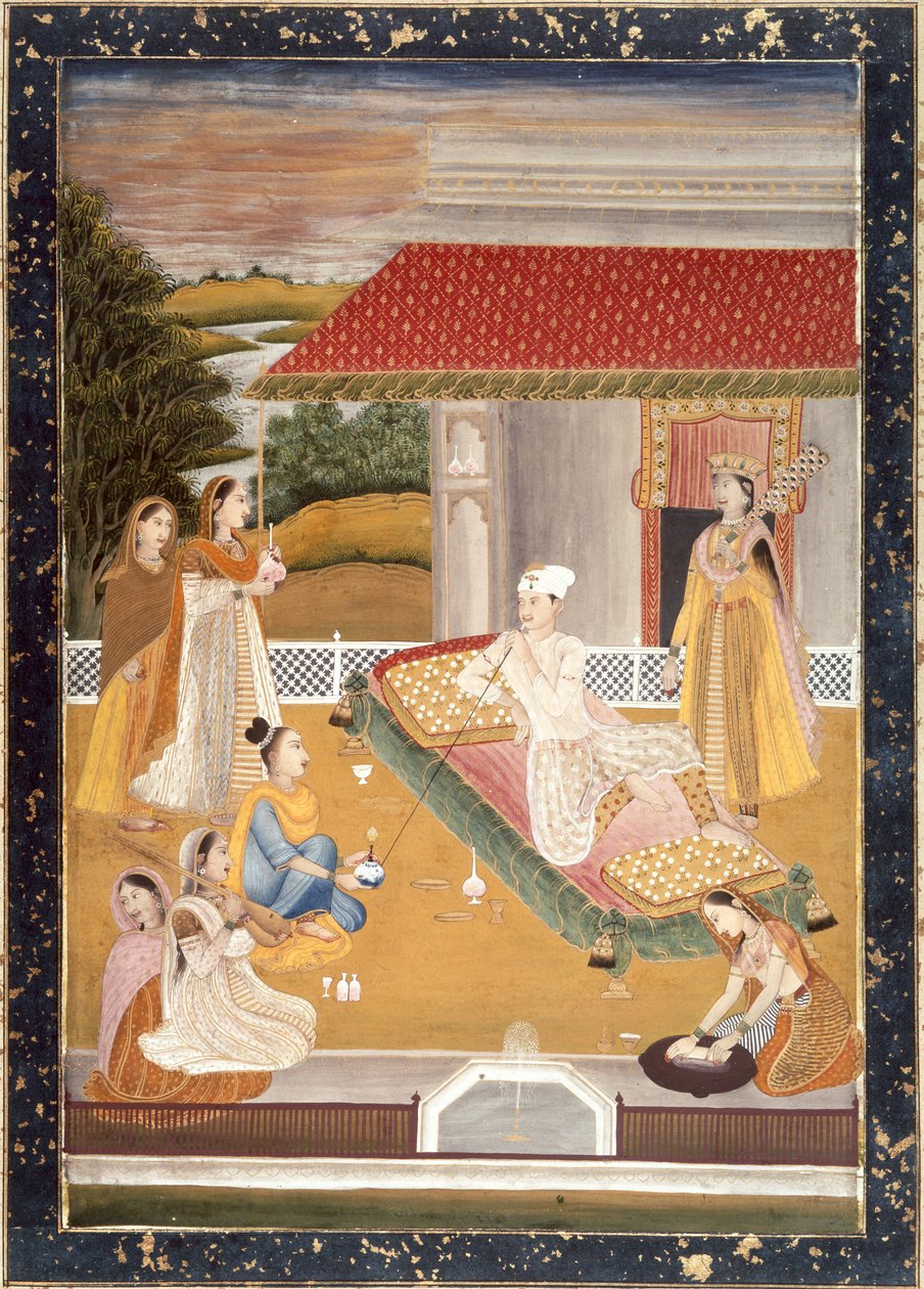 En prins ryger (akvarel på papir) af Indian School