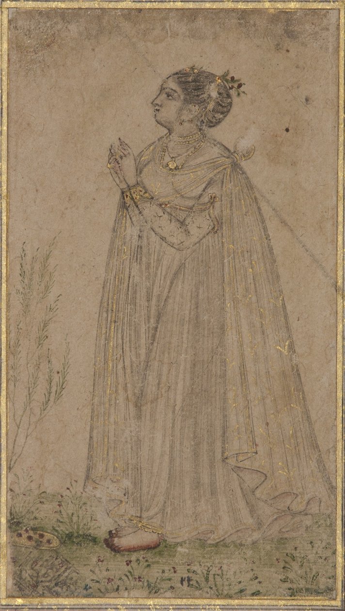 En prinsesse tilbeder solen, ca. 1600 (ugennemsigtigt wc & guld på papir) af Indian School