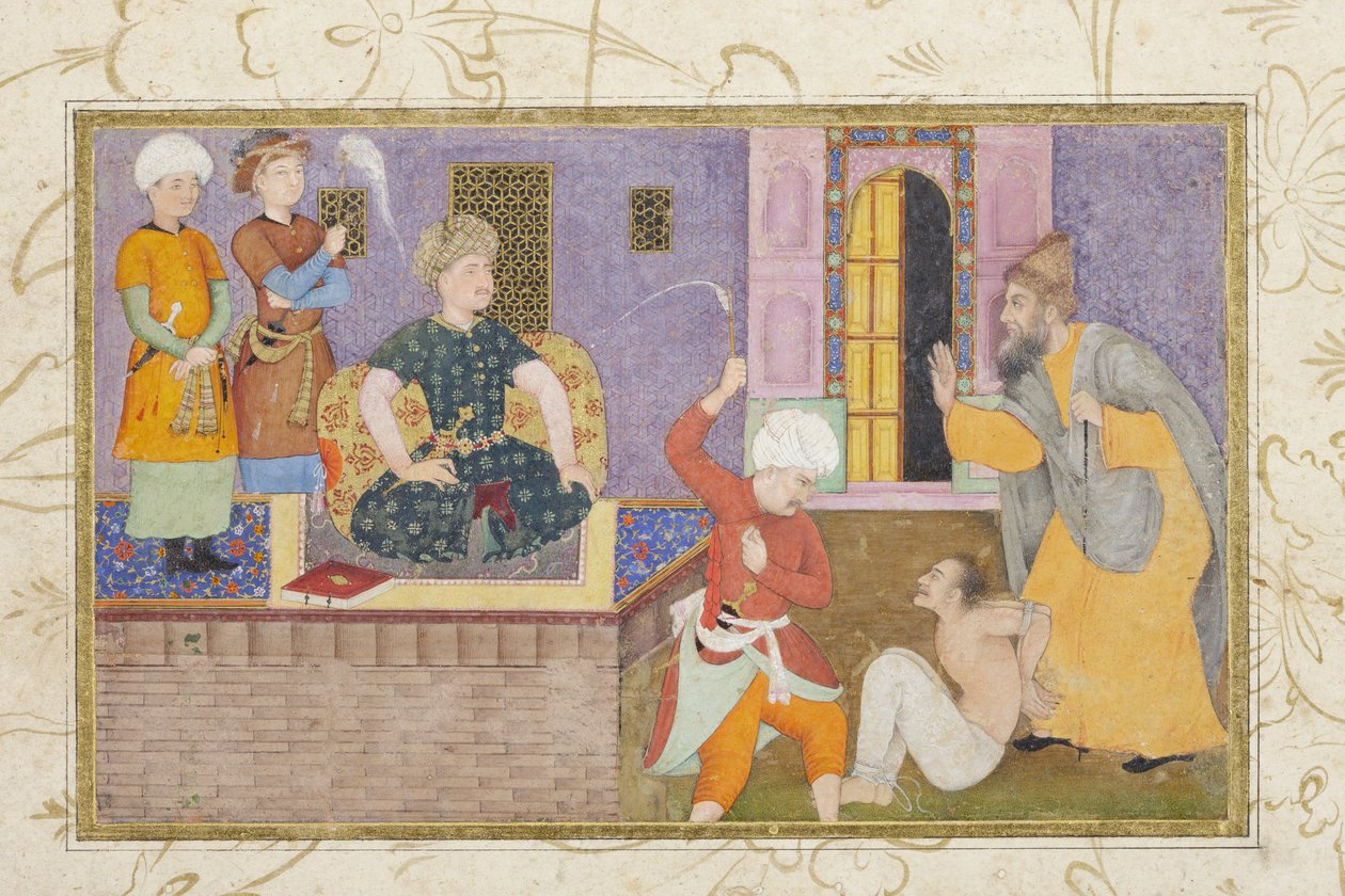 En fange stilles for retten, ca. 1610 (ugennemsigtig wc & guld) af Indian School