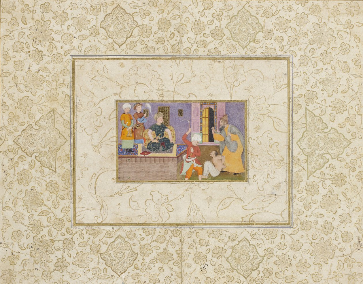 En fange stilles for retten, ca. 1610 (ugennemsigtig wc & guld) af Indian School