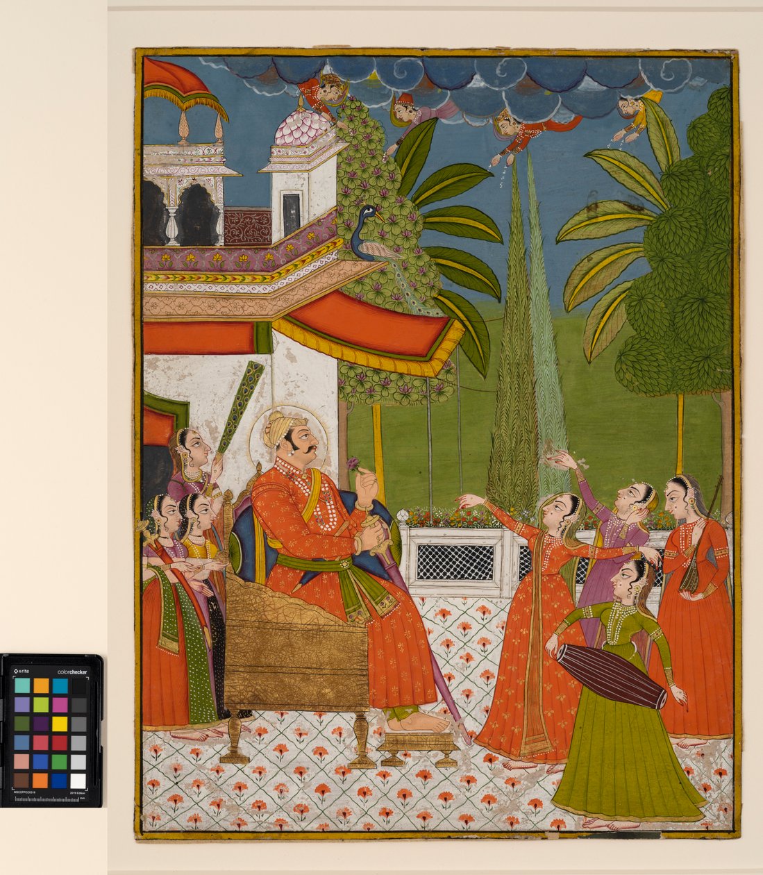 En raja på en trone, der bliver underholdt af dansere og musikere, ca. 1775 (ugennemsigtig akvarel på papir) af Indian School