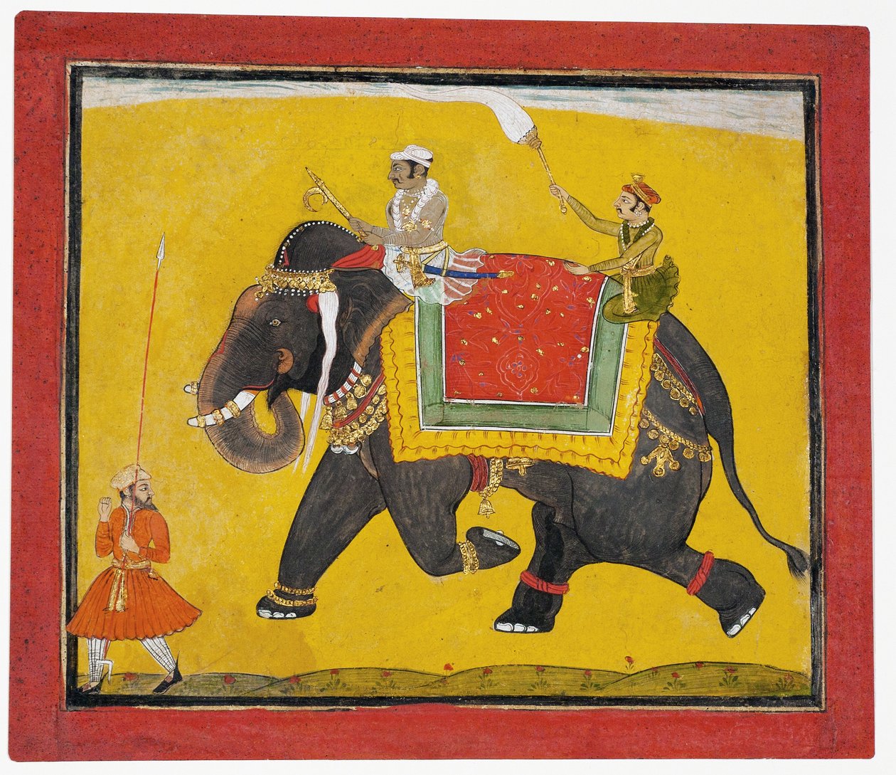 En raja, der rider på en elefant, ca. 1690 (ugennemsigtigt wc på papir) af Indian School