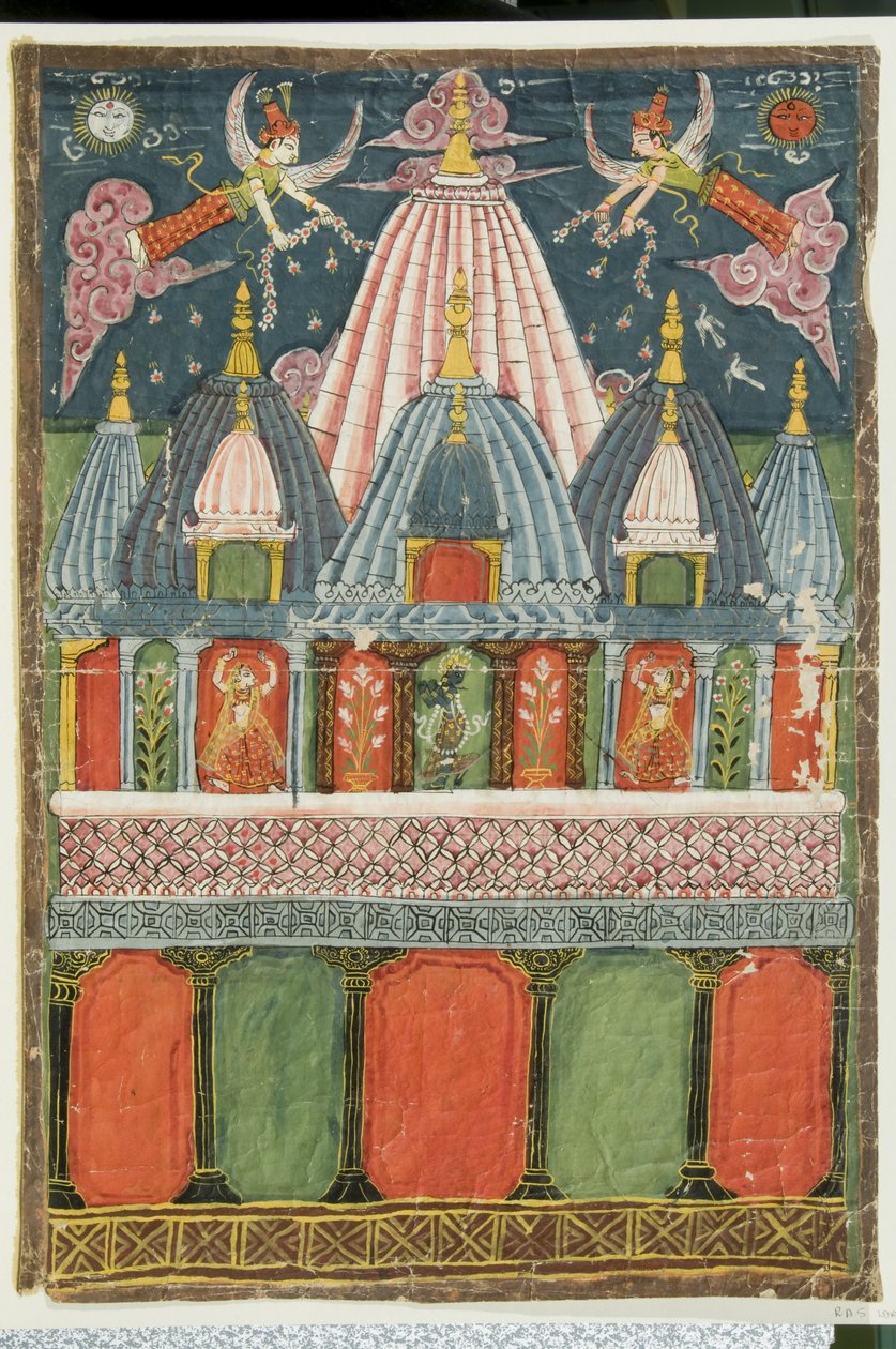 Et tempel med et billede af Venu-gopala-krishna med to dansepiger, der optræder for guddommen, 1823 af Indian School
