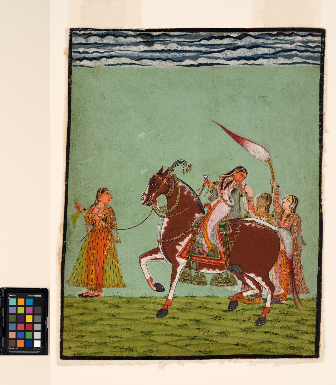 En kvinde til hest med tre ledsagere, ca. 1735 (ugennemsigtig akvarel på papir) af Indian School