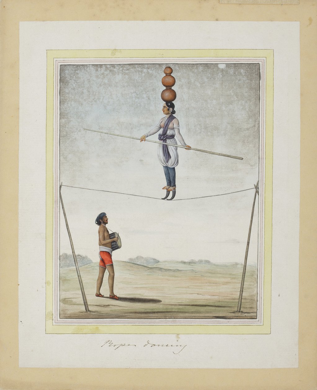 Akrobat på stram reb, trommeslager forneden, ca. 1820 (ugennemsigtigt wc på papir) af Indian School