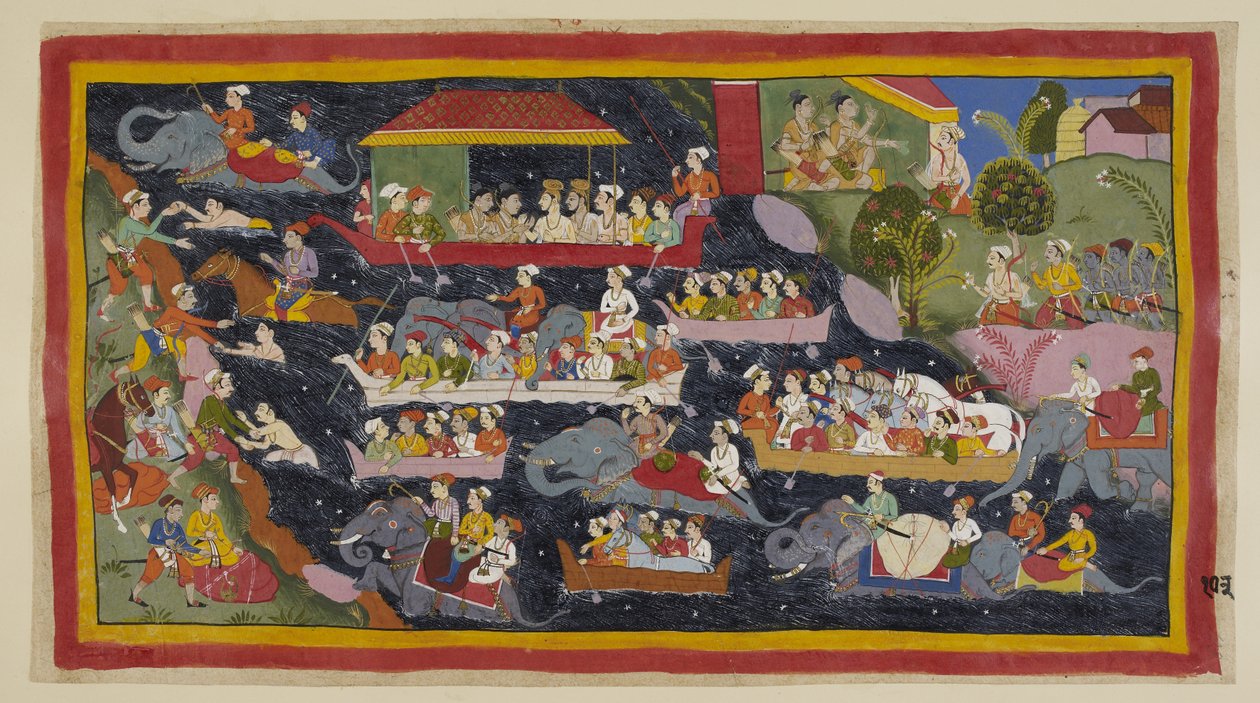 Tilføj 15296 (1) f.103r, De to prinser har nu besluttet at bære asketers tøj som deres eksilbrødre. Stadig i deres lejr til højre fortæller Bharata Guha om at hente nok både til at transportere dem alle til den modsatte bred af Ganga, ca. 1653 af Indian School