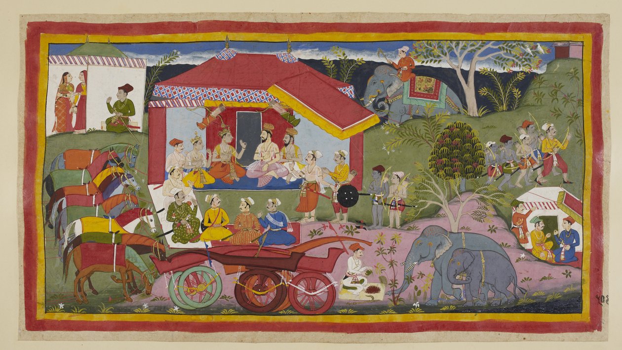 Tilføj 15296 (1) f.104r, I en lejrscene bliver Guha the Nishadaking introduceret til mødet mellem prinser, brahminer og ministre. Hestene, frigjort fra vognene, står i en række tøjret og hinklede, mens en mahout forbereder pulver til de af Indian School