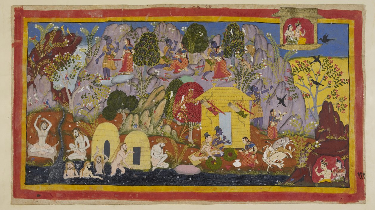 Tilføj 15296 (1) f.111r, I mellemtiden er alt fredeligt med de landflygtige i deres bolig på Citrakuta-bjerget. Rama påpeger sine skønheder Sita - de mange varianter af dejlige træer og fugle, klipperne farvet af ædelstene og mineraler, og Mandakina-floden af Indian School