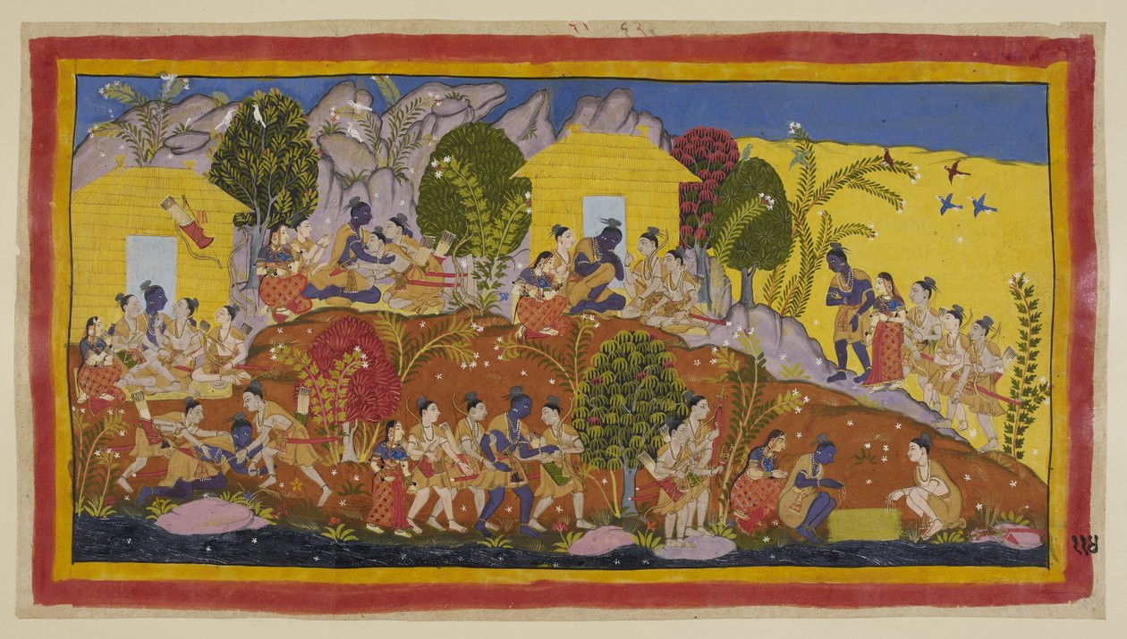 Tilføj 15296 (1) f.114r, Øverst i midten kaster Bharata og Shatrughna sig for fødderne af Rama, som omfavner sine yngre brødre og lugter Sitaeirs hoveder. Rama tager dem på skødet, mens han spørger efter deres og deres fars velfærd, og h af Indian School