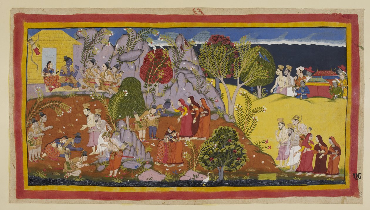Tilføj 15296 (1) f.118r, Brahminerne og dronningerne i deres kuld nærmer sig. Kausalya peger på stedet ved floden, hvor Rama tilbød det rituelle vand og beklager pindaernes ynkelige kvalitet, som tilbudt hendes døde mand. De tre eksil t af Indian School