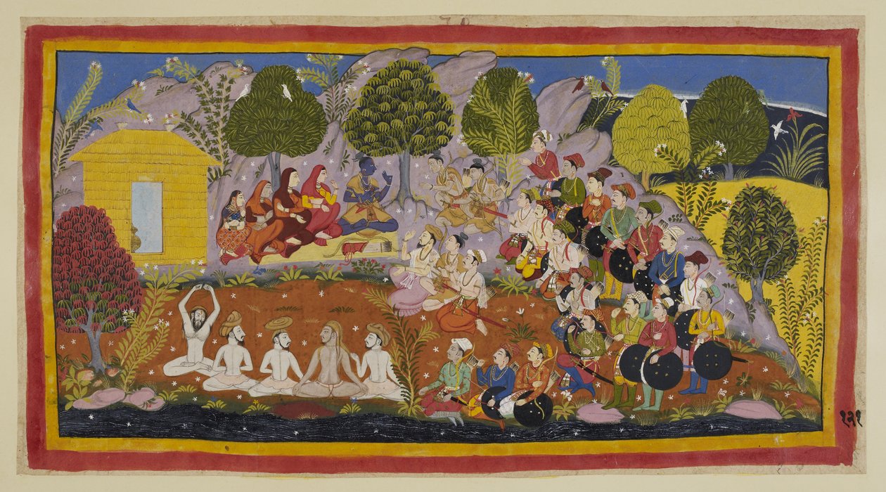 Tilføj 15296 (1) f.121r, Rama sidder på en måtte vendt mod de to brødre, med de tre dronninger og Sita til højre. Bharata fortsætter med at opfordre Rama til at vende tilbage til Ayodhya for at blive kronet, og argumenterer for, at deres far havde syndet m af Indian School