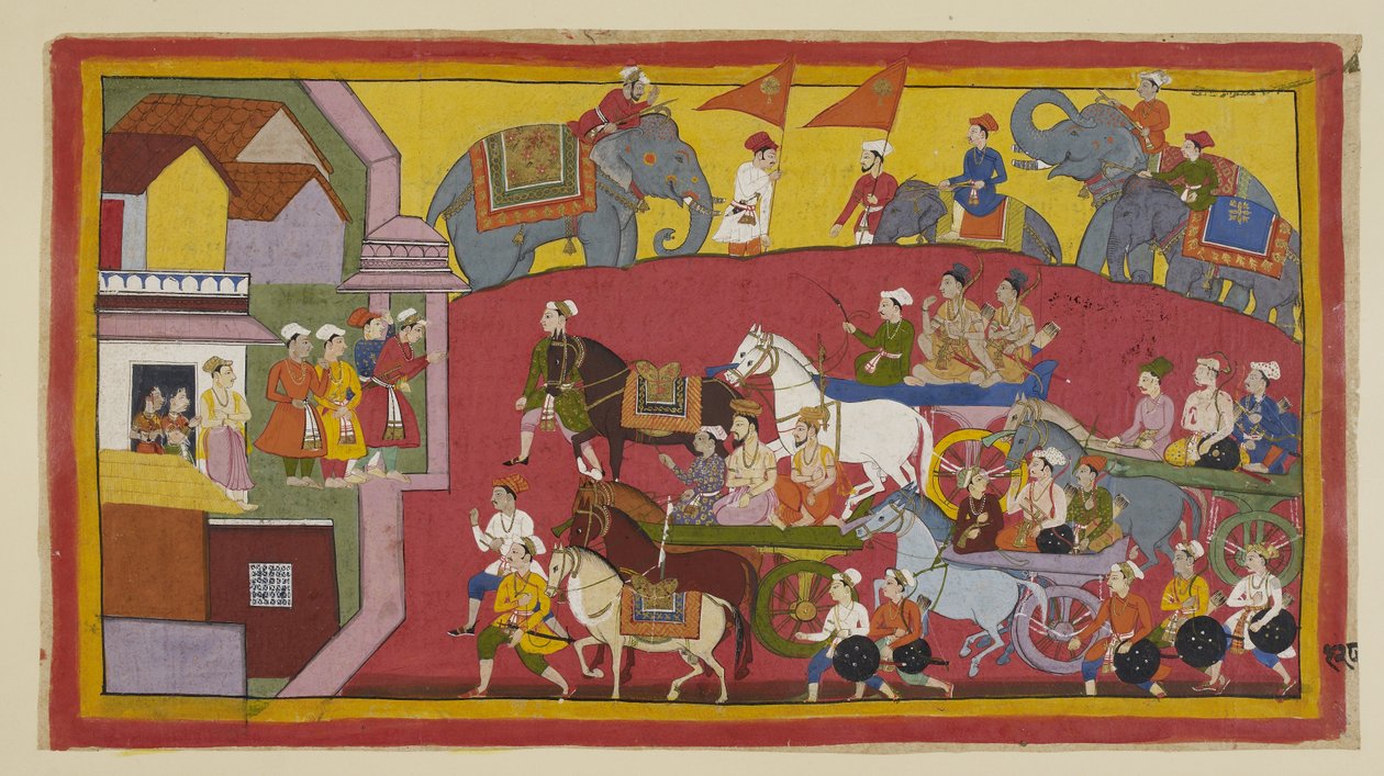Tilføj 15296 (1) f.128r, Vasisthas og prinsernes vogne, med deltagelse af forskellige ministre og folk, kommer ind i byen Nandigrama. af Indian School