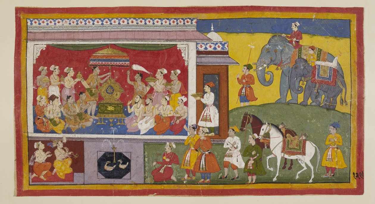 Tilføj 15296 (1) f.129r, I tronsalen ved NandigRama placerer Bharata Ramas sandaler på tronen og sammen med de forsamlede præster og præster indsætter dem som hersker over Ayodhya. De bliver herefter behandlet som Rama selv. De to prinser i deres af Indian School