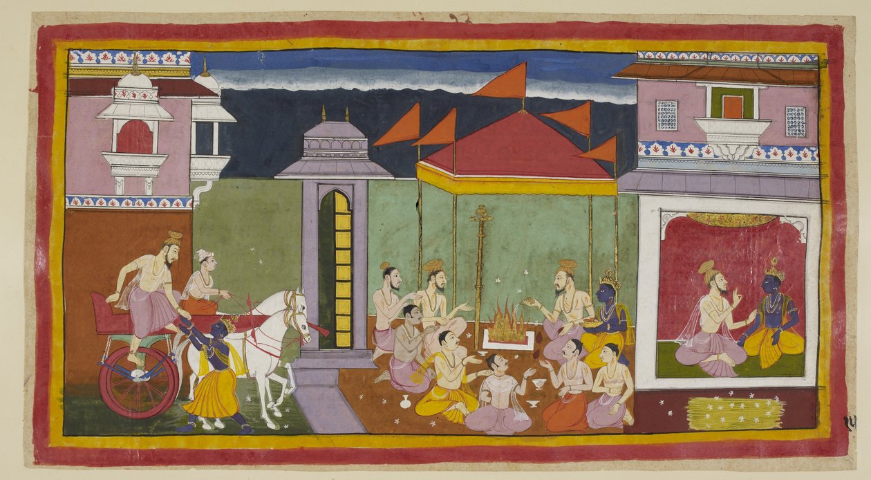 Tilføj 15296 (1) f.15r, Til venstre ankommer Vasistha til Ramas palads og stiger med Ramas hjælp af sin vogn, og til højre, siddende sammen med Rama, råder han ham til at holde en faste den nat som instrueret af kongen. En bunke kusa-græs til Rama og Sit af Indian School